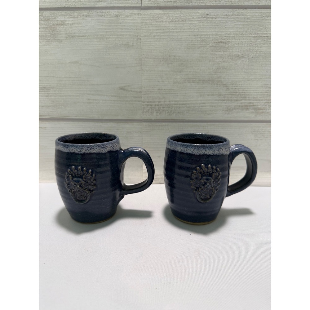 Studio‎ Pottery Blue Glaze Sun Face Mugs Set of 2 Artisan Stoneware Coffee Cups